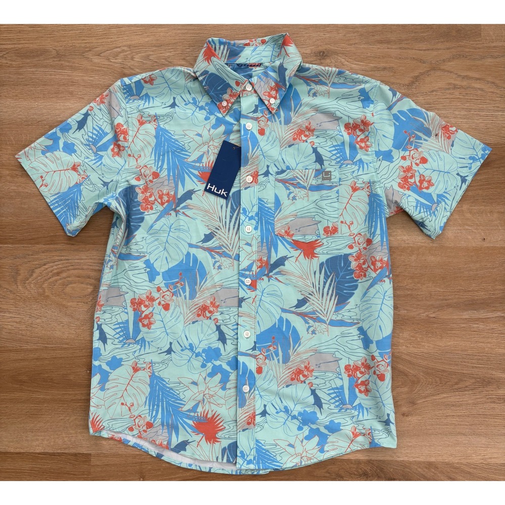 NWT Men's Huk Button Down Kona Short Sleeve Shirt -Small- Radical Botanical Kona